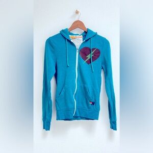 Aviator Nation Zip Up Bolt Heart Hoodie, XS, Teal